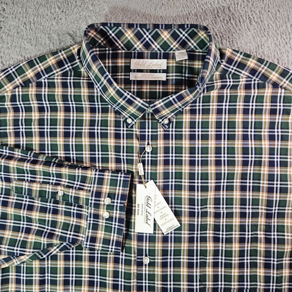 NEW Roundtree & Yorke Gold Label Shirt Men 4XB Green Navy Plaid Long Sleeve - Picture 1 of 10
